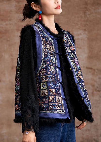 Chinese Style Blue Embroidered Button Mink Hair Waistcoat Sleeveless