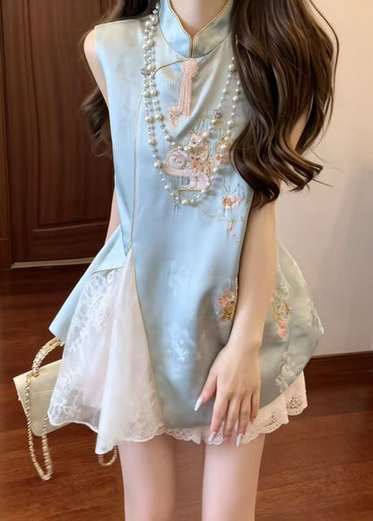 Chinese Style Blue Embroidered Lace Patchwork Silk Dress Sleeveless