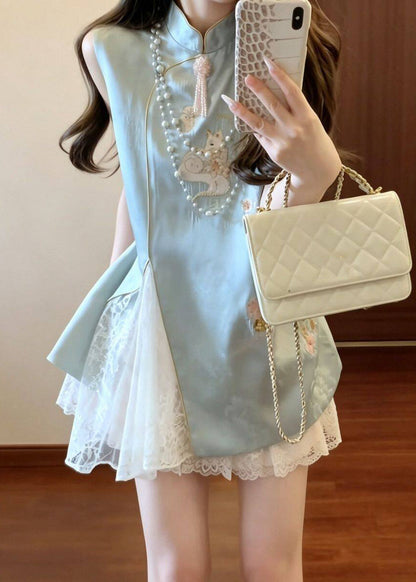 Chinese Style Blue Embroidered Lace Patchwork Silk Dress Sleeveless