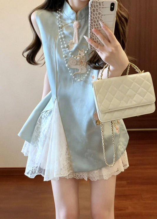 Chinese Style Blue Embroidered Lace Patchwork Silk Dress Sleeveless