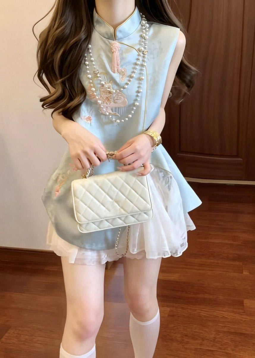 Chinese Style Blue Embroidered Lace Patchwork Silk Dress Sleeveless