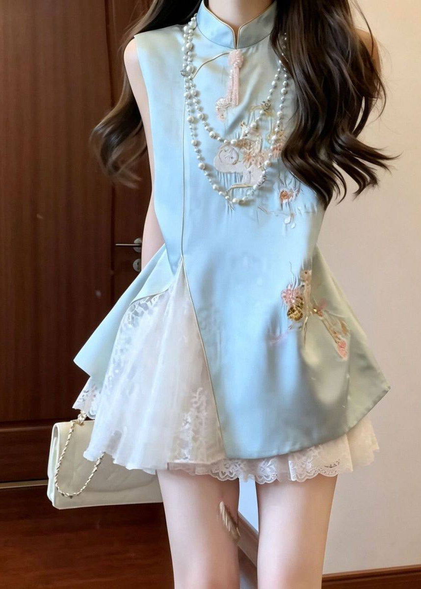 Chinese Style Blue Embroidered Lace Patchwork Silk Dress Sleeveless