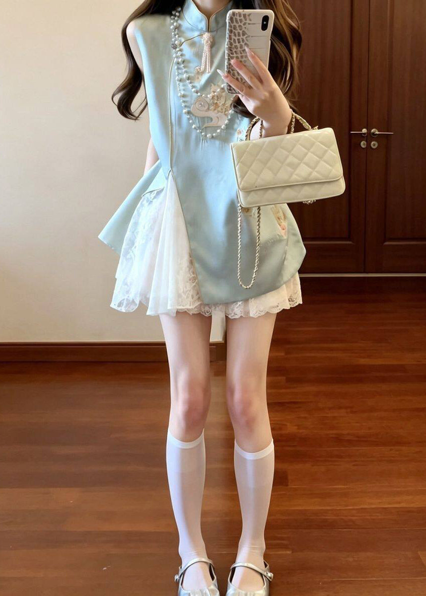 Chinese Style Blue Embroidered Lace Patchwork Silk Dress Sleeveless