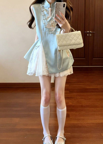 Chinese Style Blue Embroidered Lace Patchwork Silk Dress Sleeveless