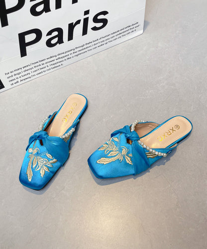 Chinese Style Blue Embroidered Splicing Slide Sandals