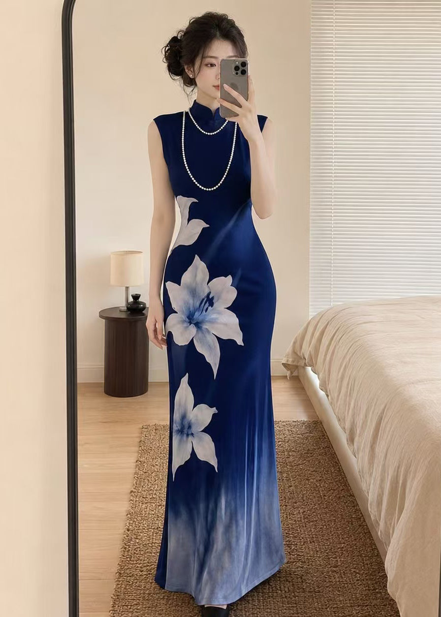 Chinese Style Blue Gradient Print Tulle Long Dress Summer