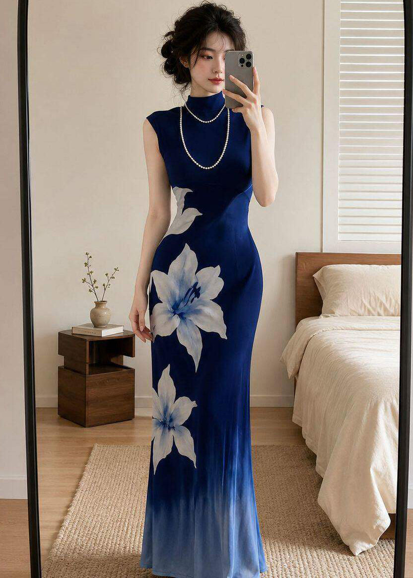Chinese Style Blue Gradient Print Tulle Long Dress Summer