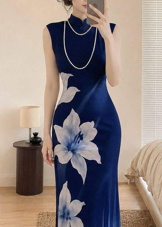 Chinese Style Blue Gradient Print Tulle Long Dress Summer