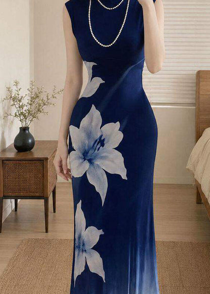 Chinese Style Blue Gradient Print Tulle Long Dress Summer