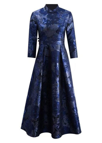 Chinese Style Blue Jacquard Oriental Button Cotton Long Dress Fall