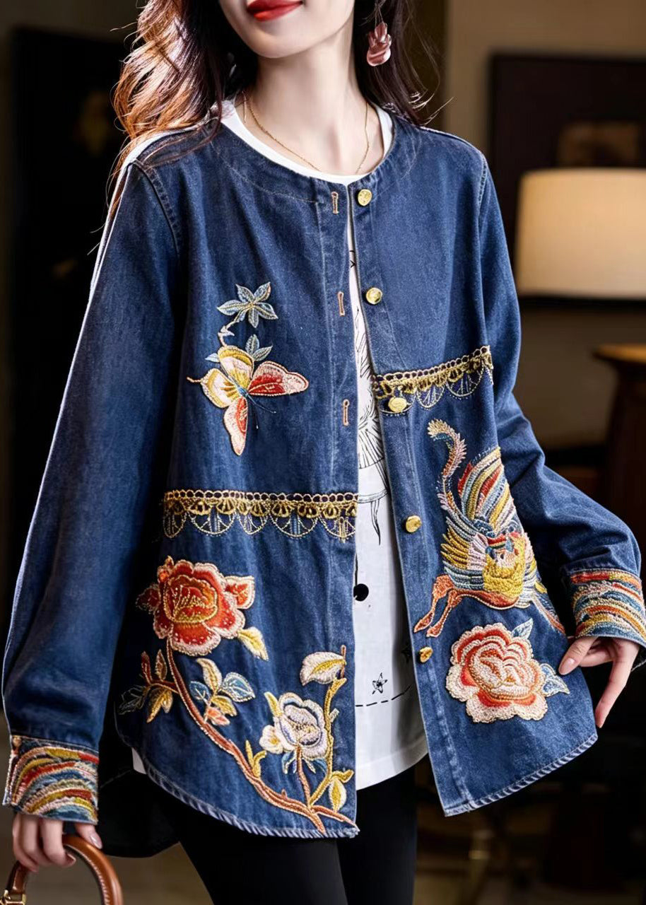 Chinese Style Blue O-Neck Nail Bead Embroidered Denim Jacket Fall