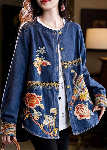 Chinese Style Blue O-Neck Nail Bead Embroidered Denim Jacket Fall
