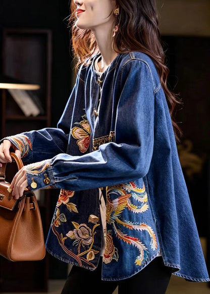 Chinese Style Blue O-Neck Nail Bead Embroidered Denim Jacket Fall