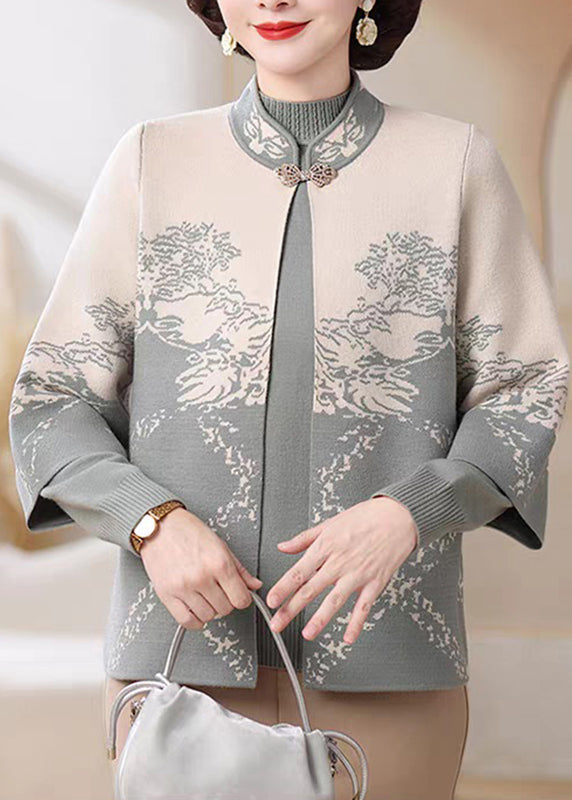 Zweiteiliges Set aus blauer Strickjacke und Pullover im chinesischen Stil mit Stehkragen aus Baumwolle für den Frühling