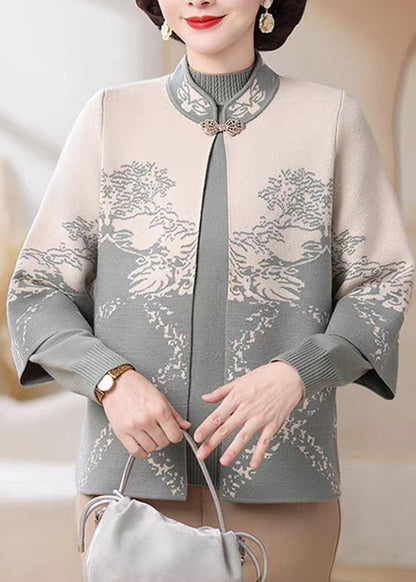 Zweiteiliges Set aus blauer Strickjacke und Pullover im chinesischen Stil mit Stehkragen aus Baumwolle für den Frühling