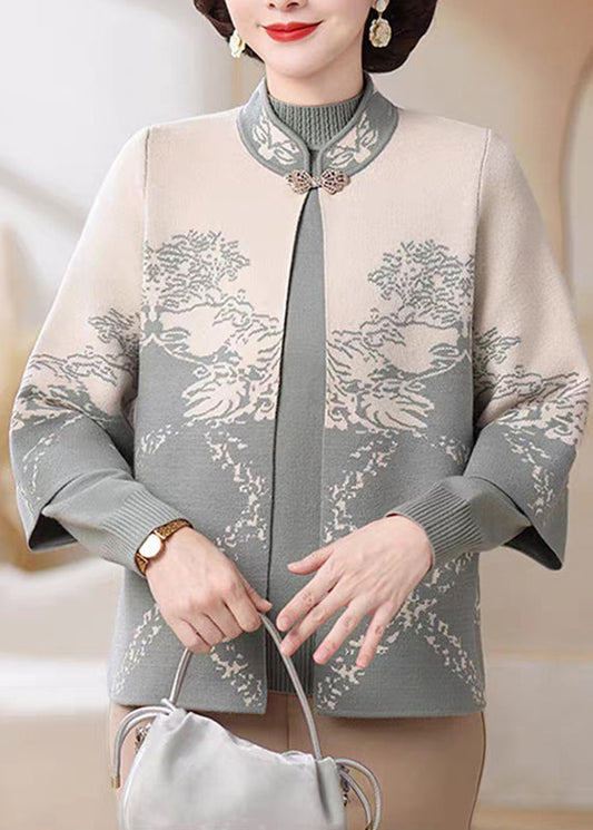 Conjunto de dos piezas de cárdigan y suéter de punto de algodón con cuello alto azul estilo chino para primavera