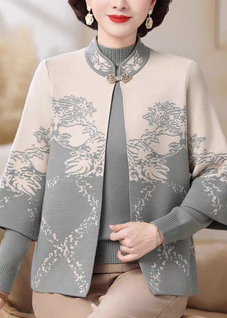 Zweiteiliges Set aus blauer Strickjacke und Pullover im chinesischen Stil mit Stehkragen aus Baumwolle für den Frühling