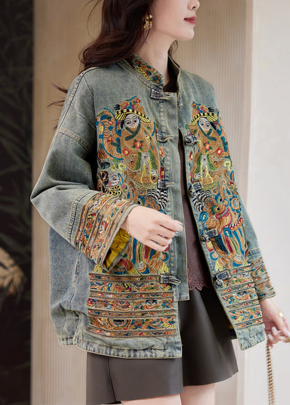 Chinese Style Blue Stand Collar Embroidered Button Denim Coats Fall
