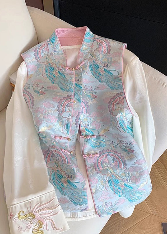 Ärmellose Weste im chinesischen Stil mit blauem Stehkragen und Print, ärmellos