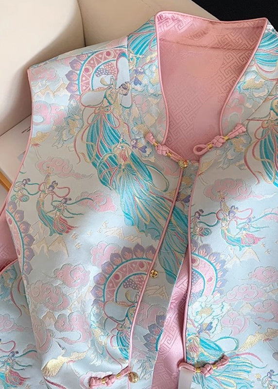 Ärmellose Weste im chinesischen Stil mit blauem Stehkragen und Print, ärmellos