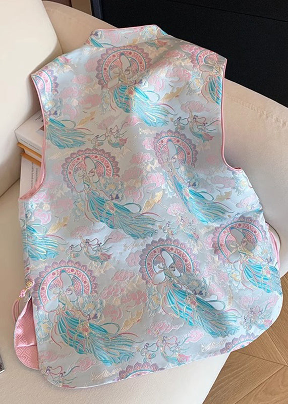 Ärmellose Weste im chinesischen Stil mit blauem Stehkragen und Print, ärmellos