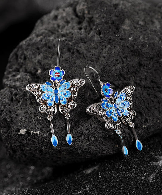 Pendientes colgantes con borlas de mariposa y flor de ciruelo en plata de ley azul cloisonné de estilo chino