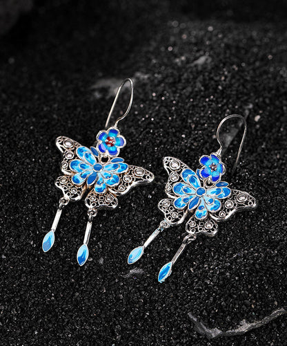 Pendientes colgantes con borlas de mariposa y flor de ciruelo en plata de ley azul cloisonné de estilo chino