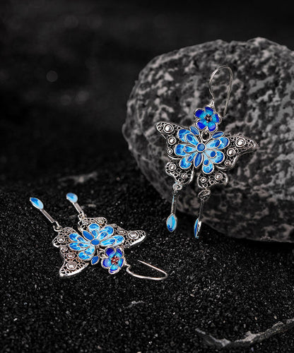 Pendientes colgantes con borlas de mariposa y flor de ciruelo en plata de ley azul cloisonné de estilo chino