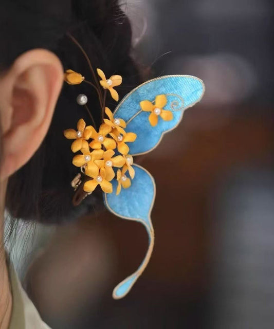 Haarnadel im chinesischen Stil aus blauem Sterlingsilber mit vergoldetem Schmetterlingsmotiv und Osmanthusblüte