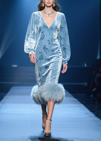 Chinese Style Blue V Neck Fluffy Patchwork Silk Velvet Dresses Spring