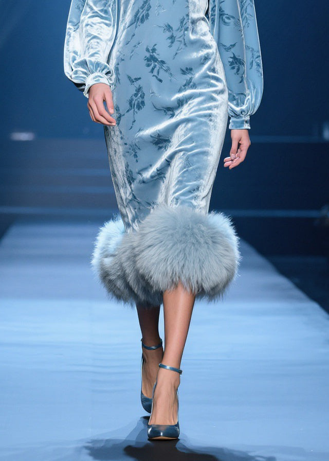 Chinese Style Blue V Neck Fluffy Patchwork Silk Velvet Dresses Spring