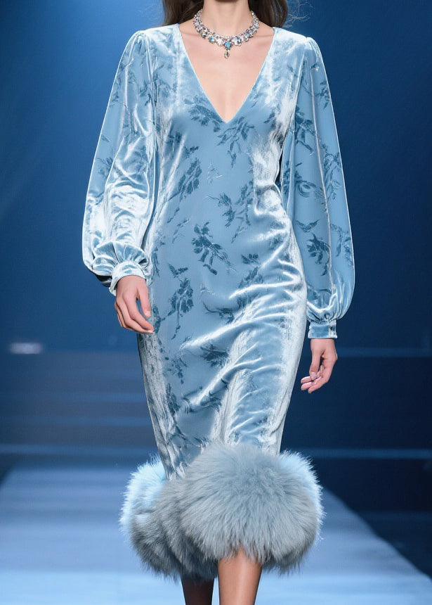 Chinese Style Blue V Neck Fluffy Patchwork Silk Velvet Dresses Spring