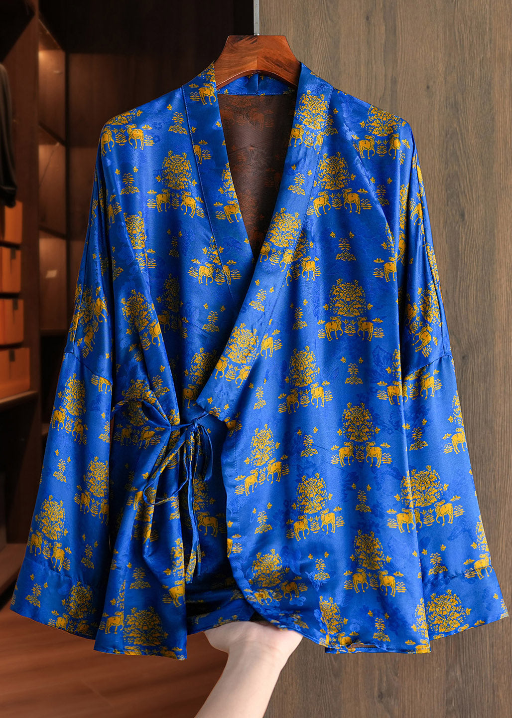 Chinesischer Stil Blauer V-Ausschnitt Print Bindegürtel Mäntel Herbst