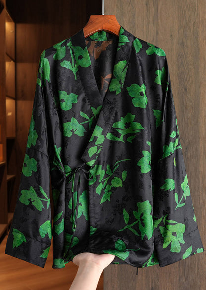 Chinesischer Stil Blauer V-Ausschnitt Print Bindegürtel Mäntel Herbst