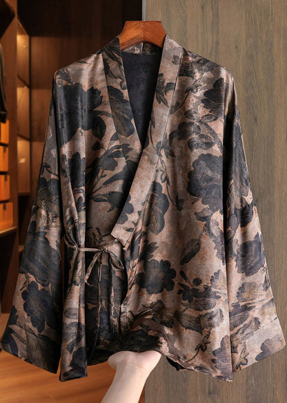 Chinesischer Stil Blauer V-Ausschnitt Print Bindegürtel Mäntel Herbst