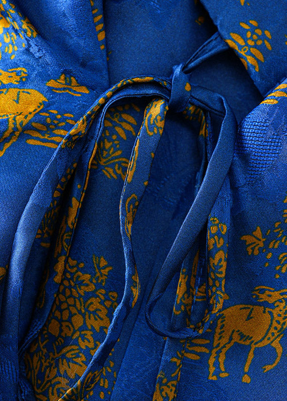 Chinesischer Stil Blauer V-Ausschnitt Print Bindegürtel Mäntel Herbst