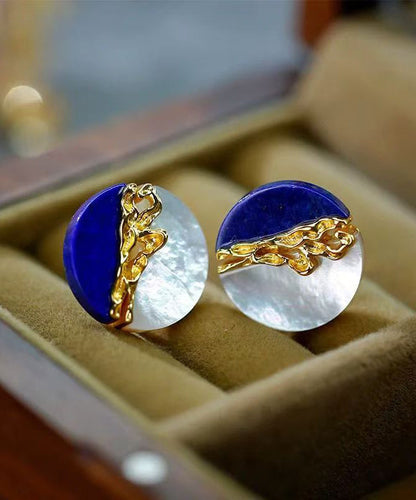 Chinese Style Blue White Patchwork Copper Overgild Shell Stud Earrings