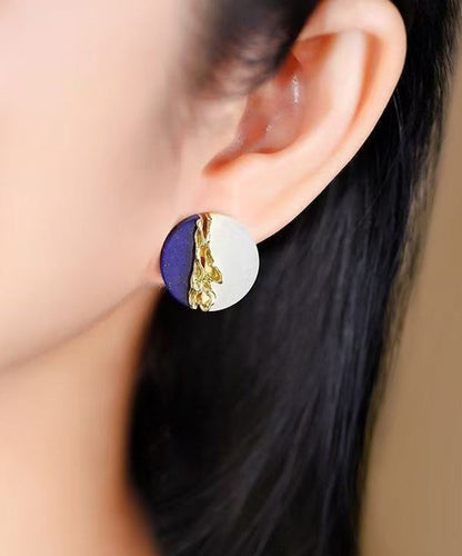 Chinese Style Blue White Patchwork Copper Overgild Shell Stud Earrings