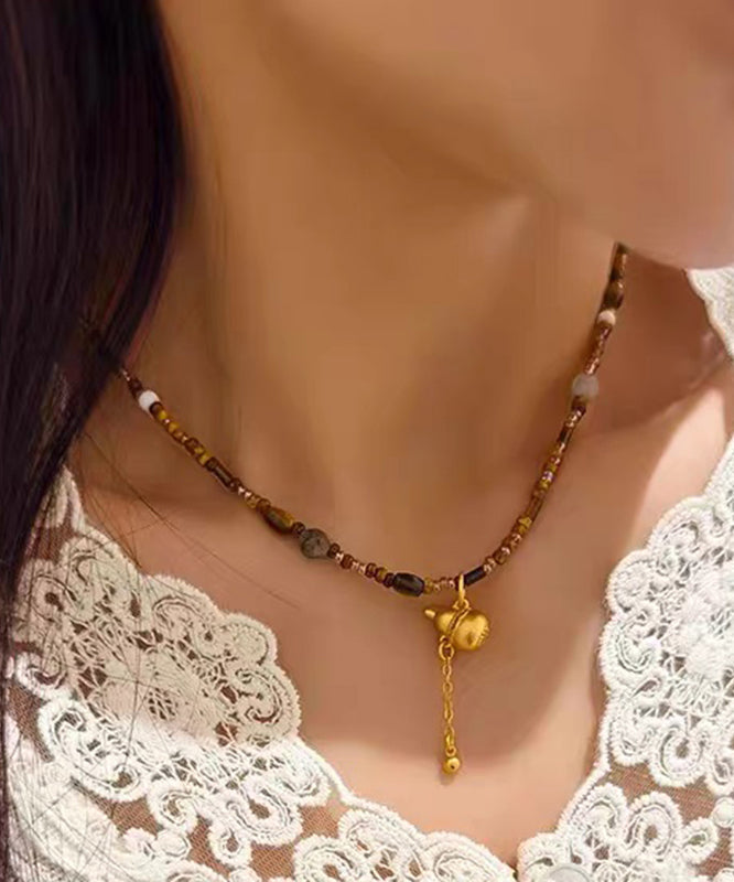 Chinese Style Brown Copper Overgild Calabash Beading Pendant Necklace