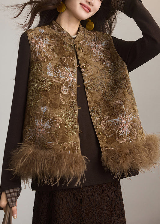 Chinese Style Brown Embroideried Fur Patchwork Cotton Vest Sleeveless