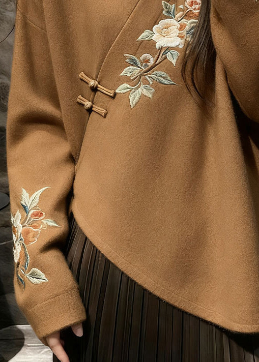 Suéter de punto floral con cuello en V marrón estilo chino para primavera