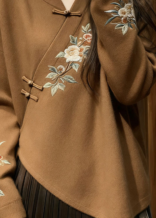 Suéter de punto floral con cuello en V marrón estilo chino para primavera