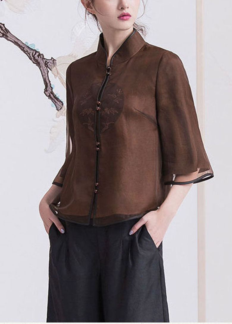 Chinesischen Stil Braun taste Stehkragen Seide mäntel Halbe