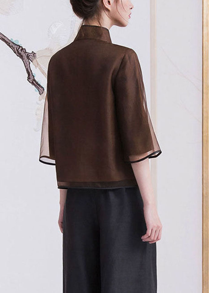 Chinesischen Stil Braun taste Stehkragen Seide mäntel Halbe