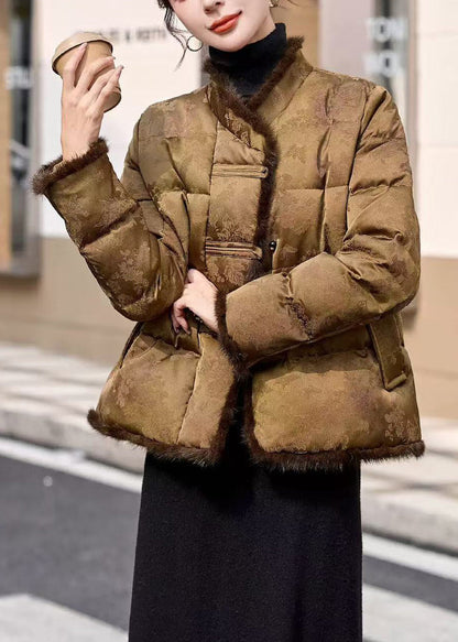 Chaqueta de plumón de pato con botones orientales de retazos de piel de visón y jacquard de estilo chino para invierno