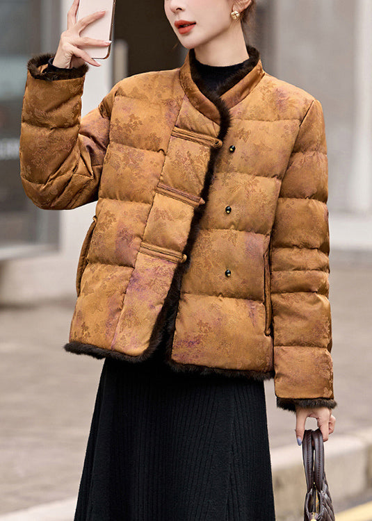 Chaqueta de plumón de pato con botones orientales de retazos de piel de visón y jacquard de estilo chino para invierno