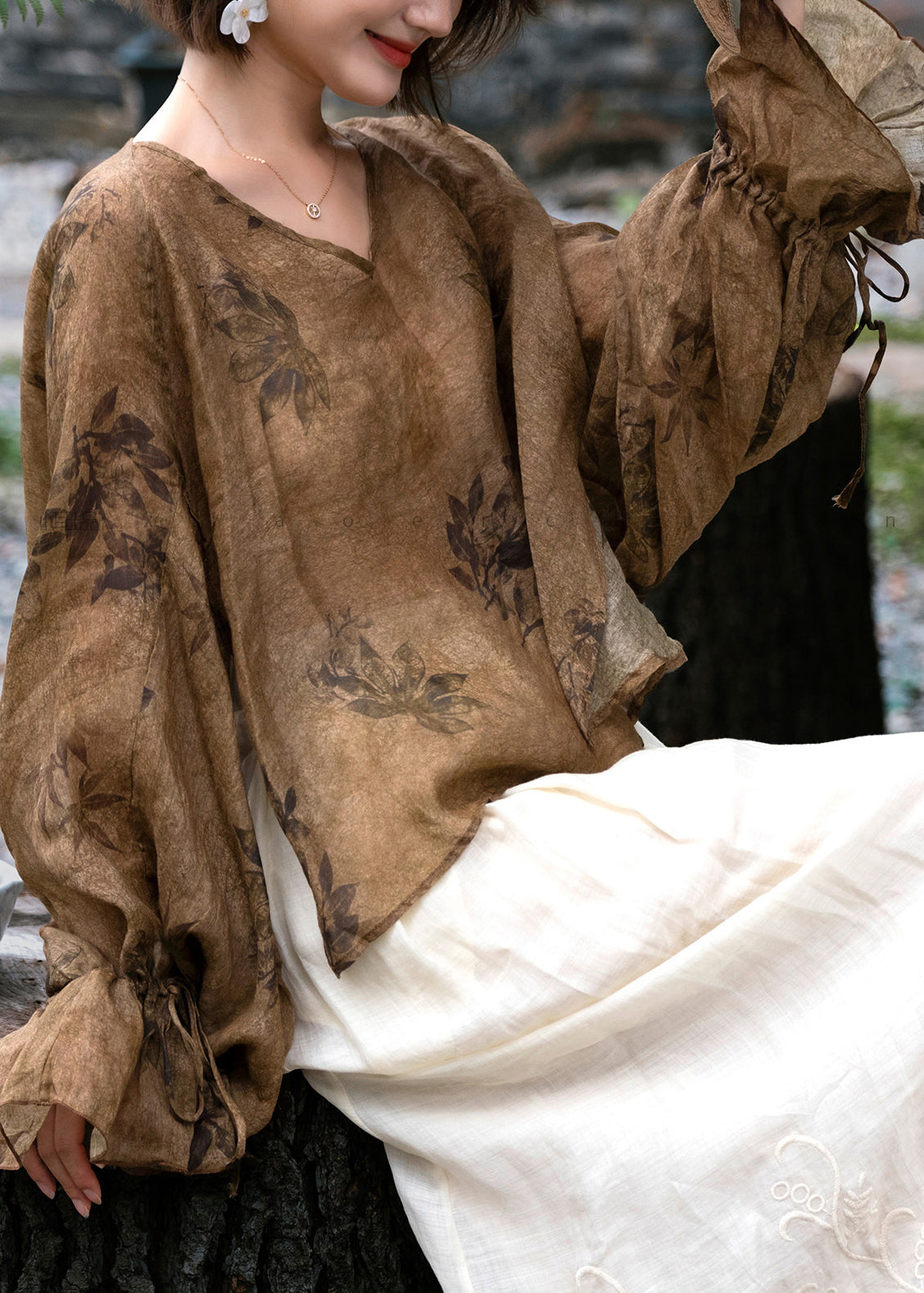 Chinese Style Coffee V Neck Drawstring Linen Shirt Flare Sleeve