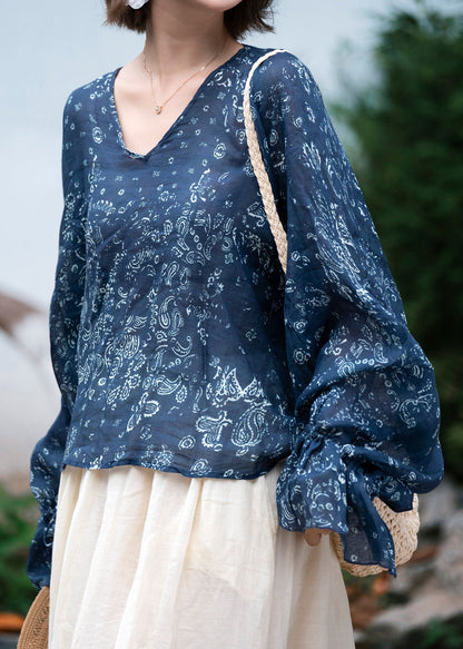 Chinese Style Coffee V Neck Drawstring Linen Shirt Flare Sleeve