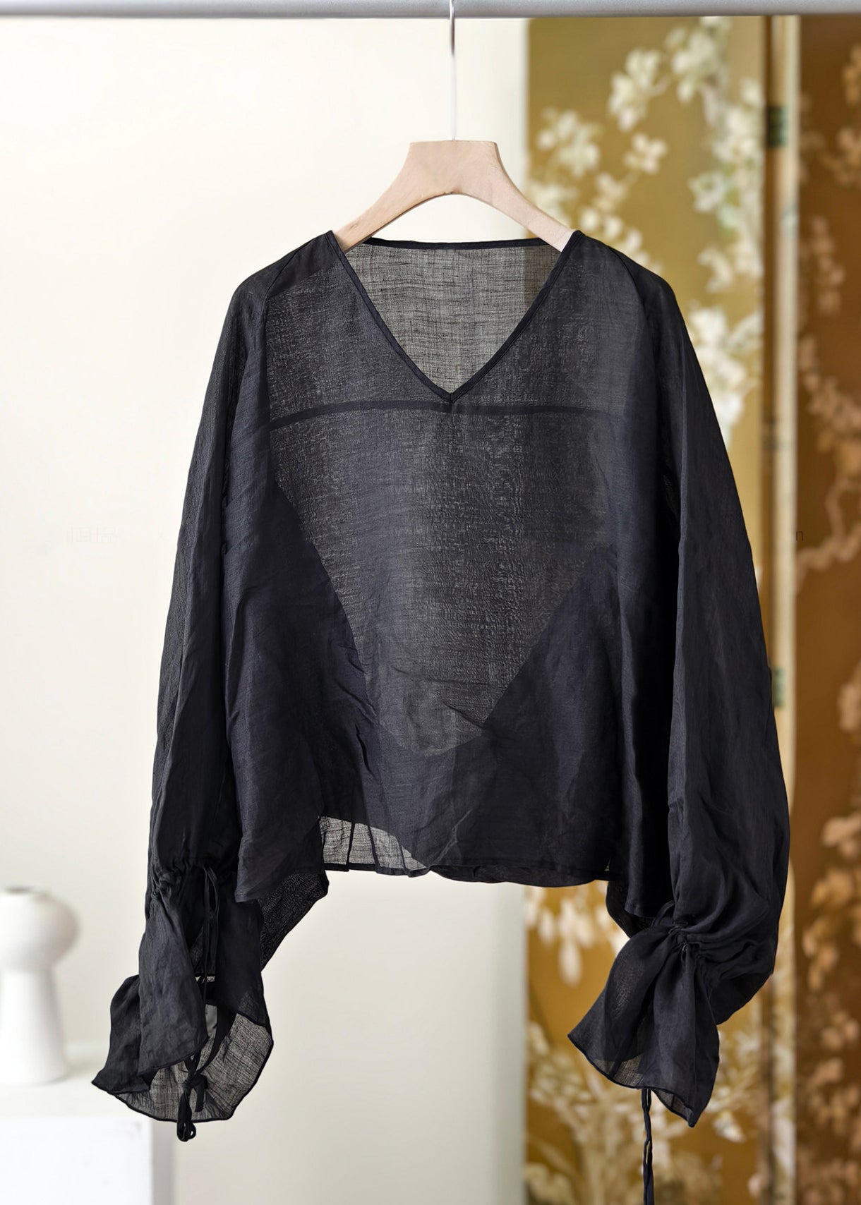 Chinese Style Coffee V Neck Drawstring Linen Shirt Flare Sleeve