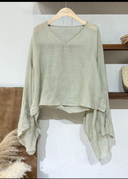 Chinese Style Coffee V Neck Drawstring Linen Shirt Flare Sleeve